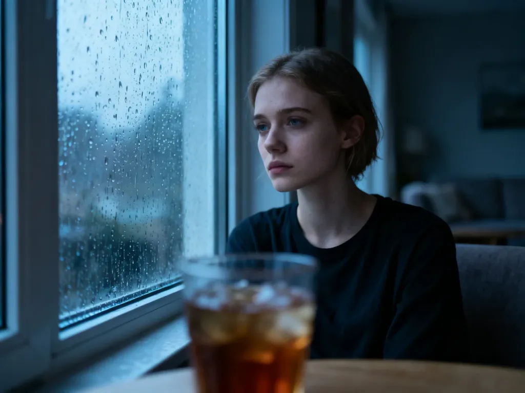 Młoda kobieta siedząca samotnie przy oknie w deszczowy dzień, patrząca w dal z wyrazem obojętności i melancholii.