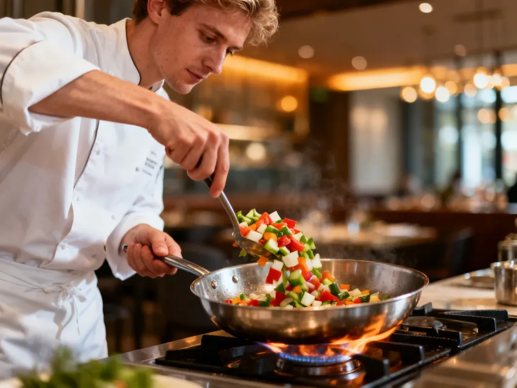 Kucharz podsmażający warzywa na patelni techniką sauté w profesjonalnej kuchni restauracyjnej.