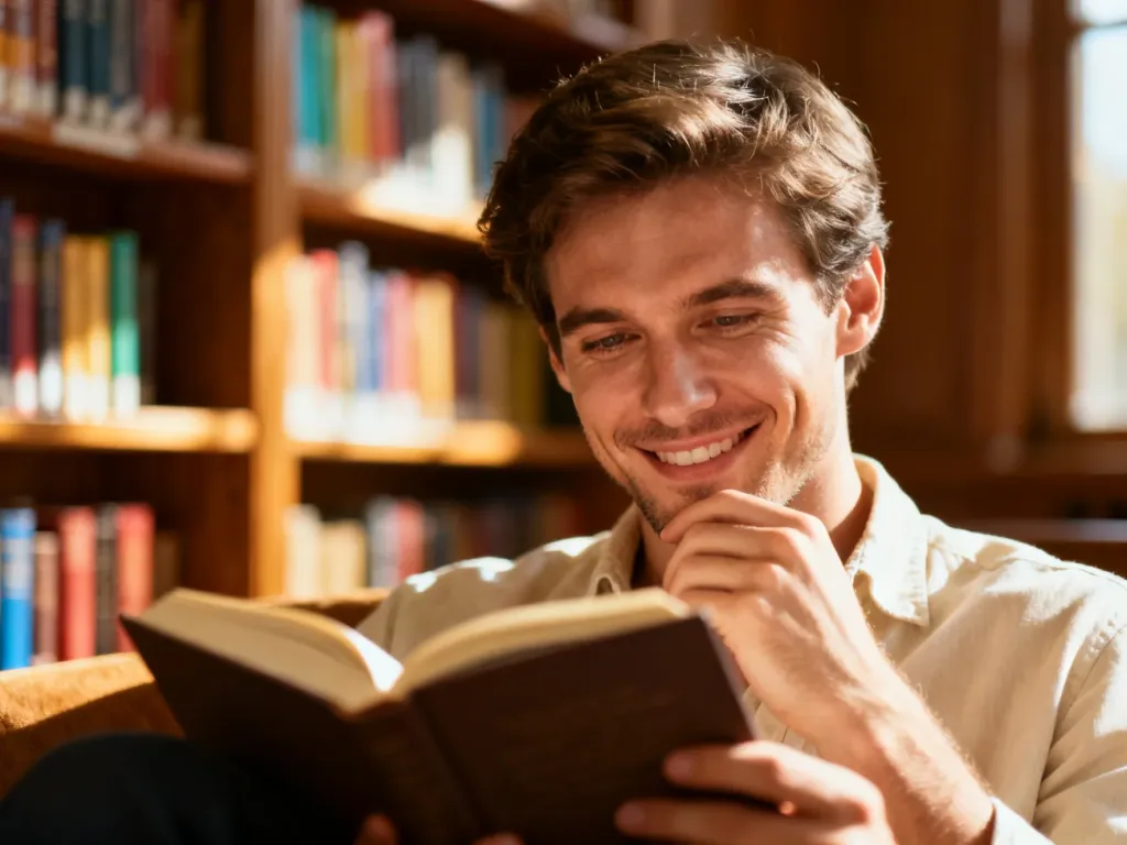 Mężczyzna z uśmiechem czytający książkę w przytulnej bibliotece, co podkreśla intelektualny charakter tekstu.