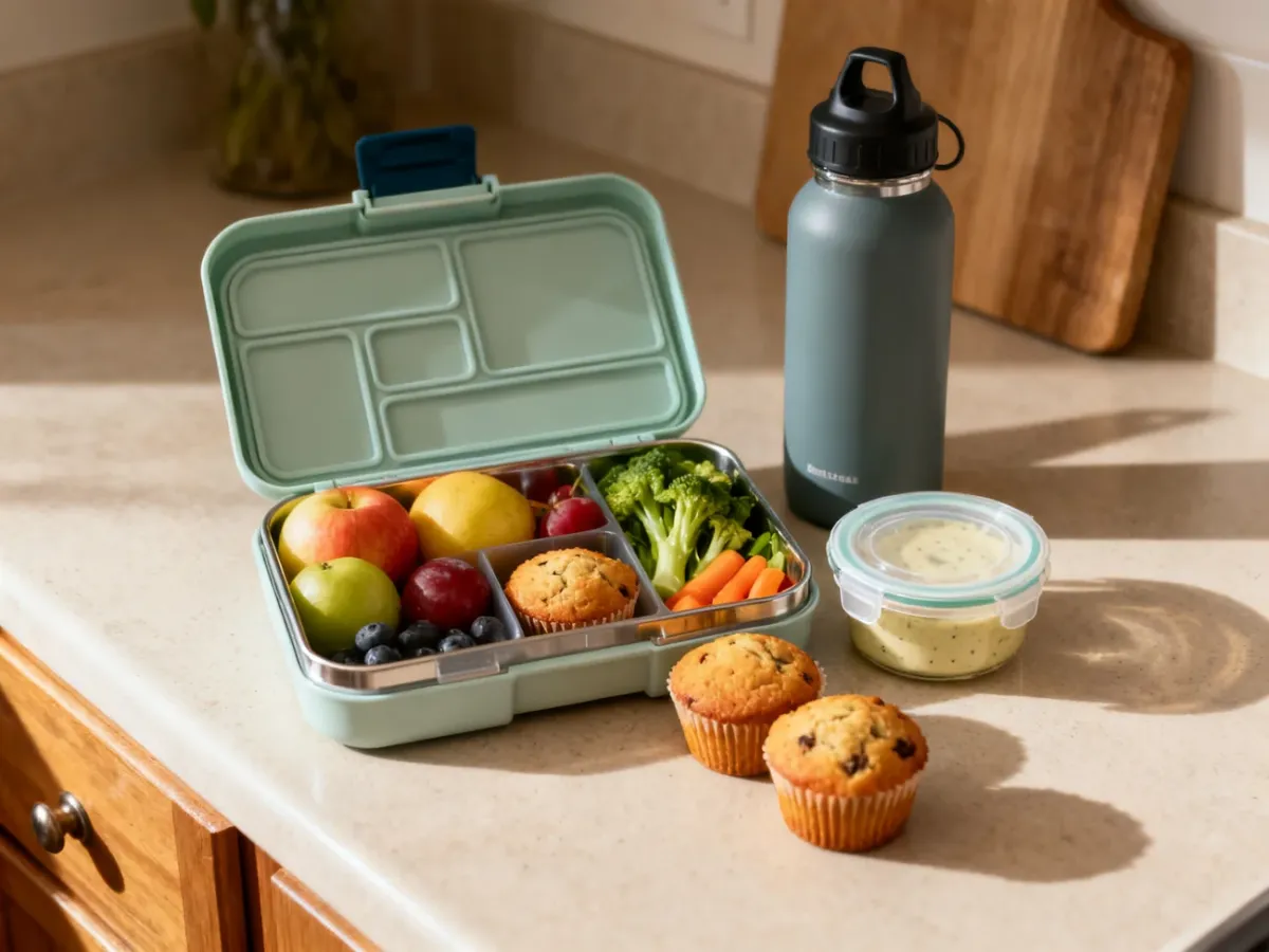 Prepared lunchbox with snacks, vegetables, dip container and water bottle