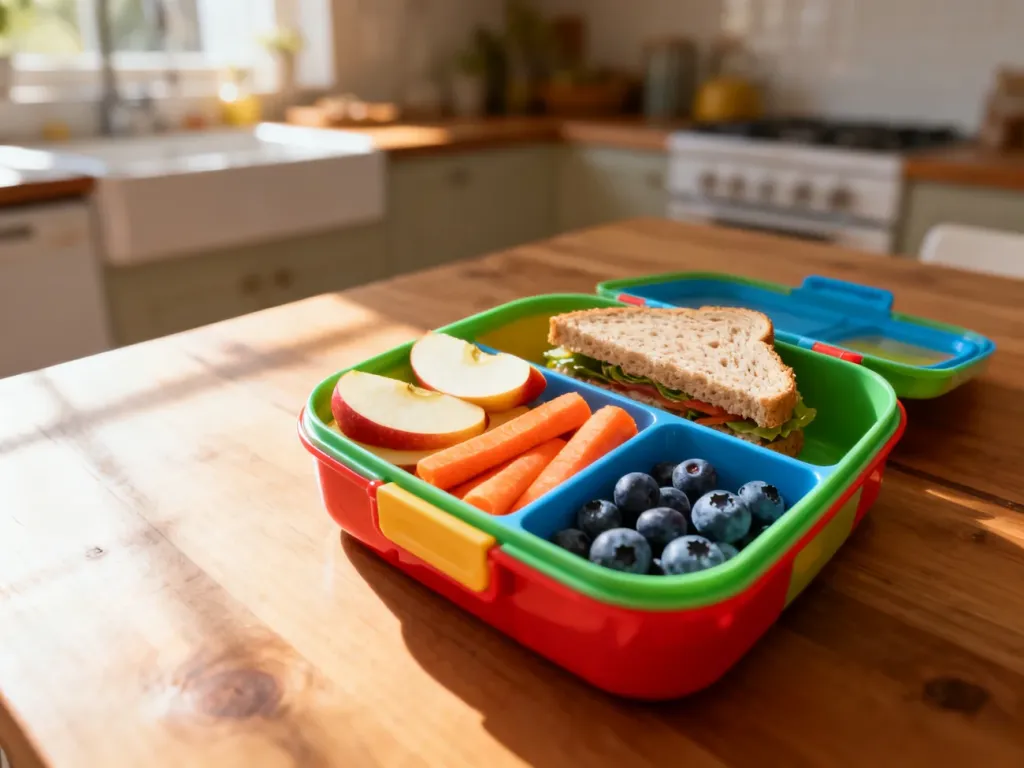 Kolorowy lunchbox dla dziecka z pokrojonymi owocami, warzywami i kanapką, idealny jako zdrowa propozycja do przedszkola.