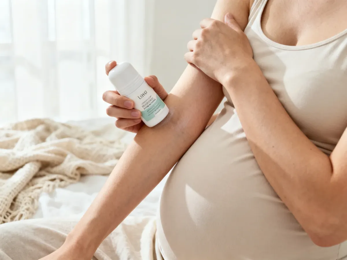 Kobieta w ciąży stosująca łagodny dezodorant na czystą i suchą skórę