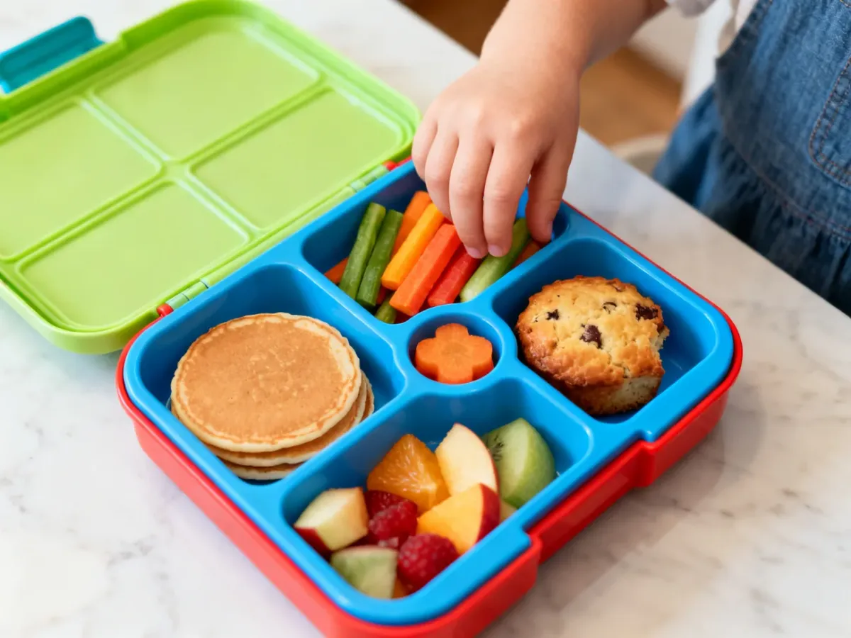 Small varied preschool lunch with fruit, vegetables and homemade snacks