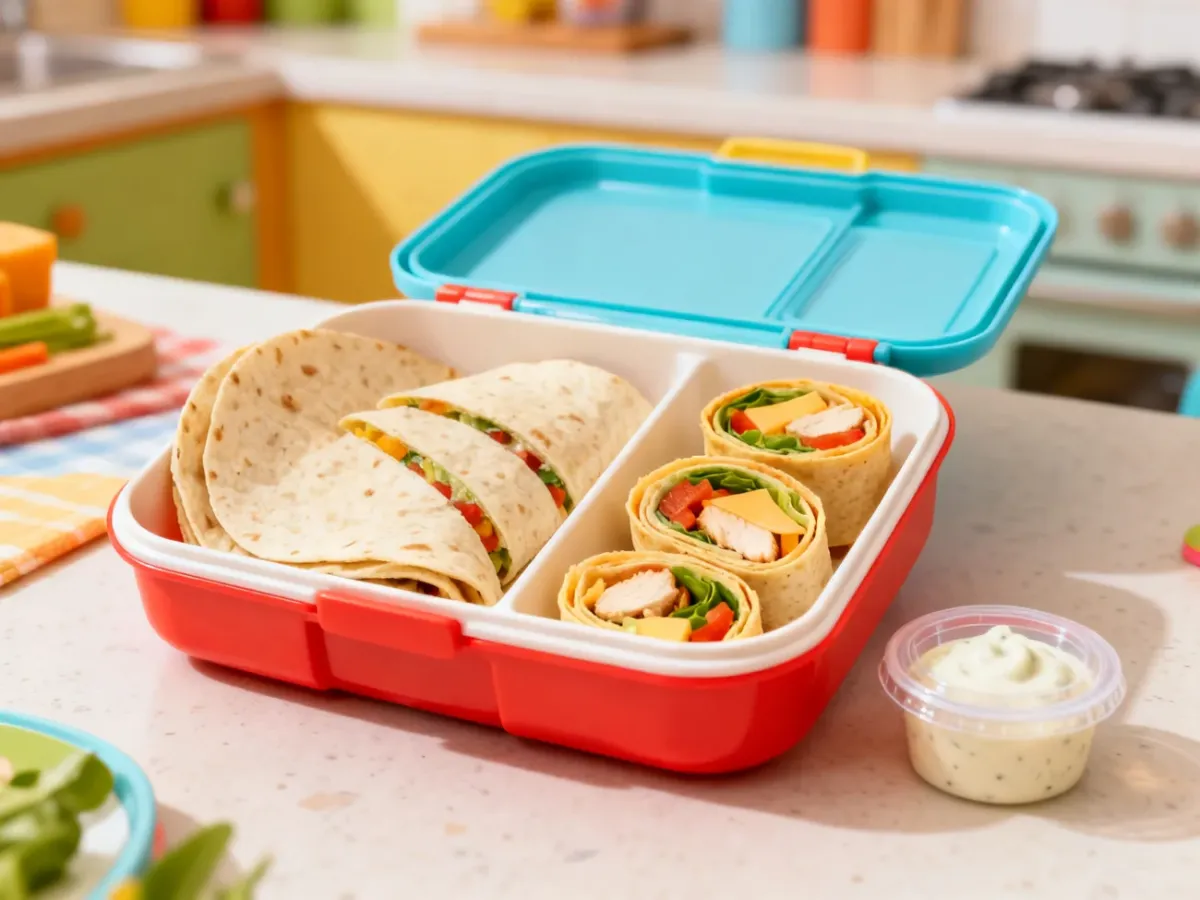 Sliced tortilla wraps and filled crepe rolls in a lunchbox