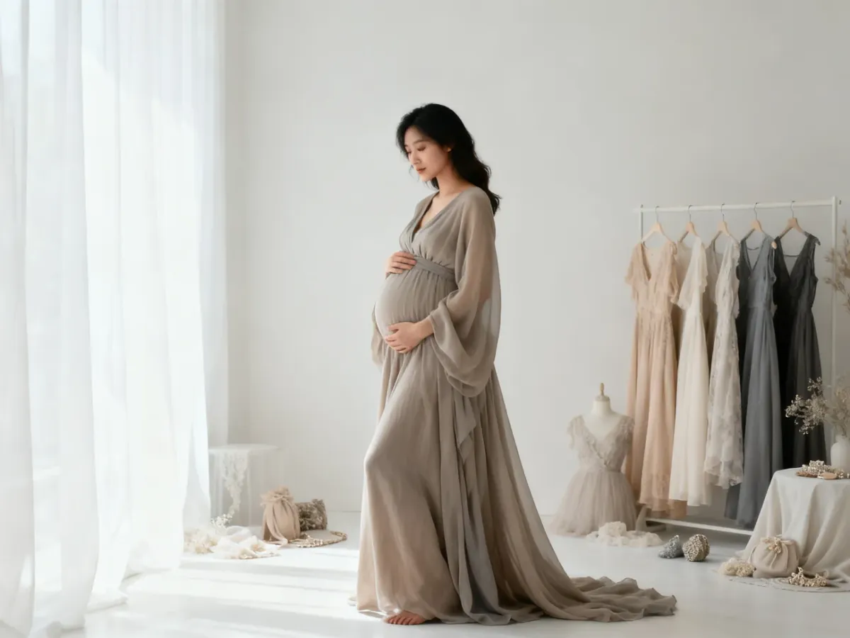 Ciężarna kobieta w eleganckiej sukni w minimalistycznym studio fotograficznym
