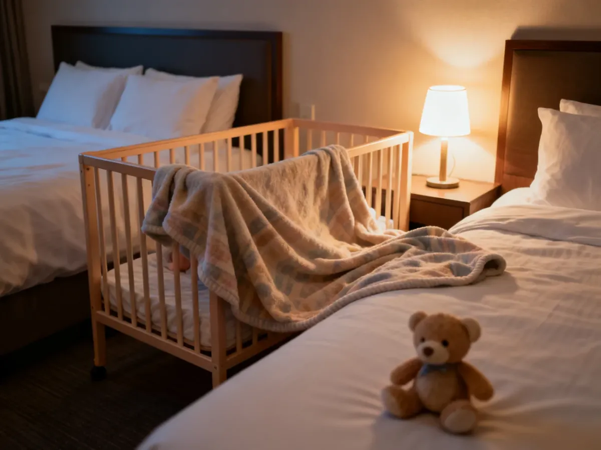 Przytulny hotelowy pokój z przygotowanym łóżeczkiem i akcesoriami do wieczornego rytuału dziecka