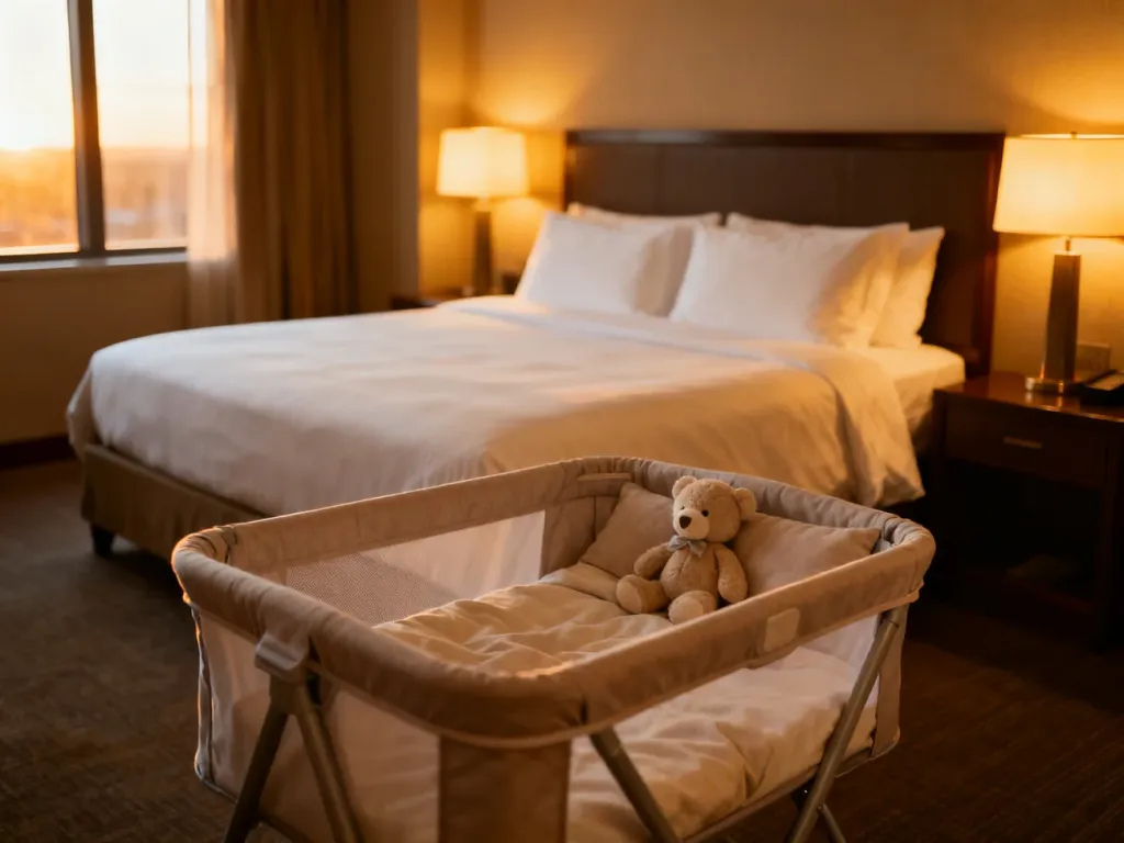 Przytulny pokój hotelowy z rozłożonym łóżeczkiem turystycznym dla dziecka, zapewniający komfortowy wypoczynek całej rodzinie.