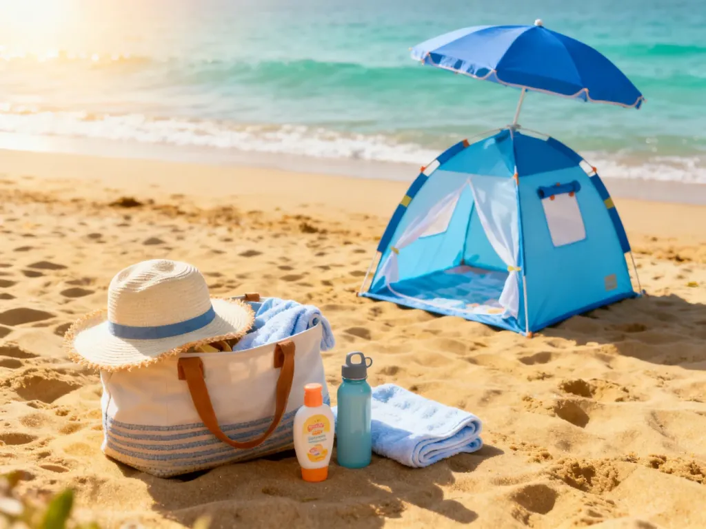 Namiot plażowy dla niemowlęcia, parasol oraz torba z niezbędnymi akcesoriami na piaszczystej plaży przy morzu.
