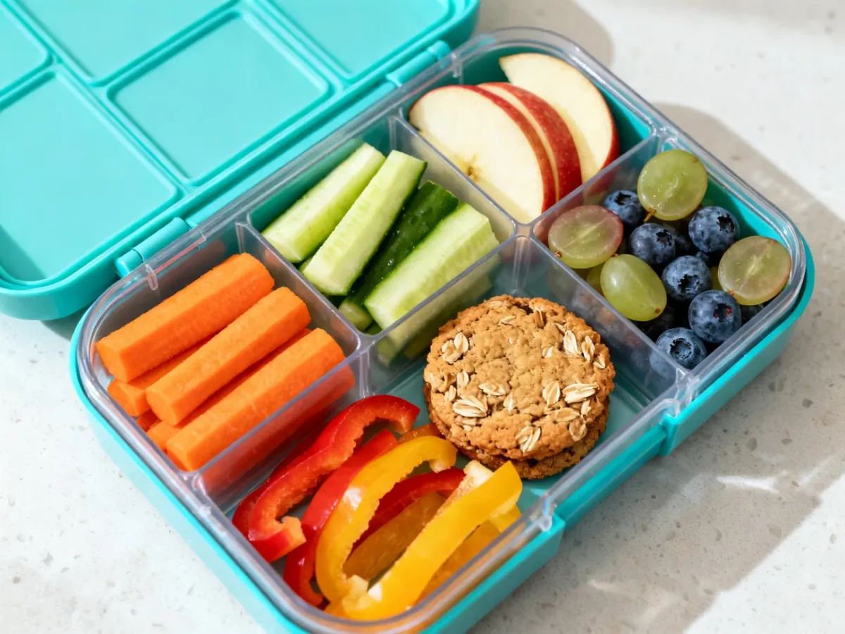 Colorful fruit and vegetable sticks with a small oat cookie