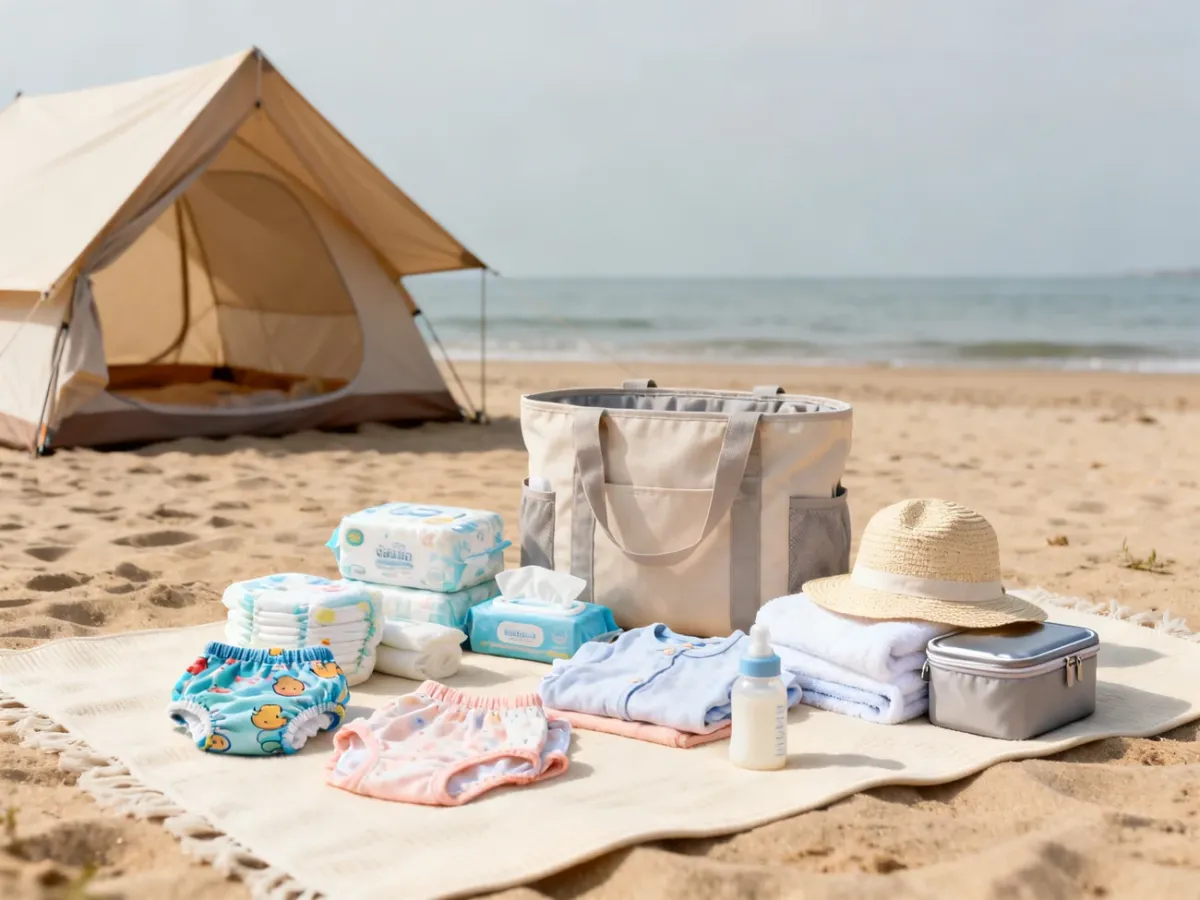 Torba z akcesoriami dla niemowlaka przygotowana na plażę