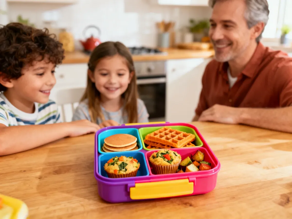 Lunchbox filled with pancakes, waffles, vegetable muffins and baked bites