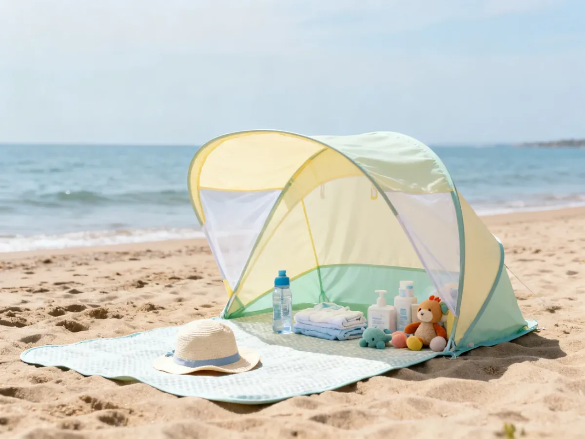 Bezpieczne i zacienione stanowisko dla niemowlaka na plaży