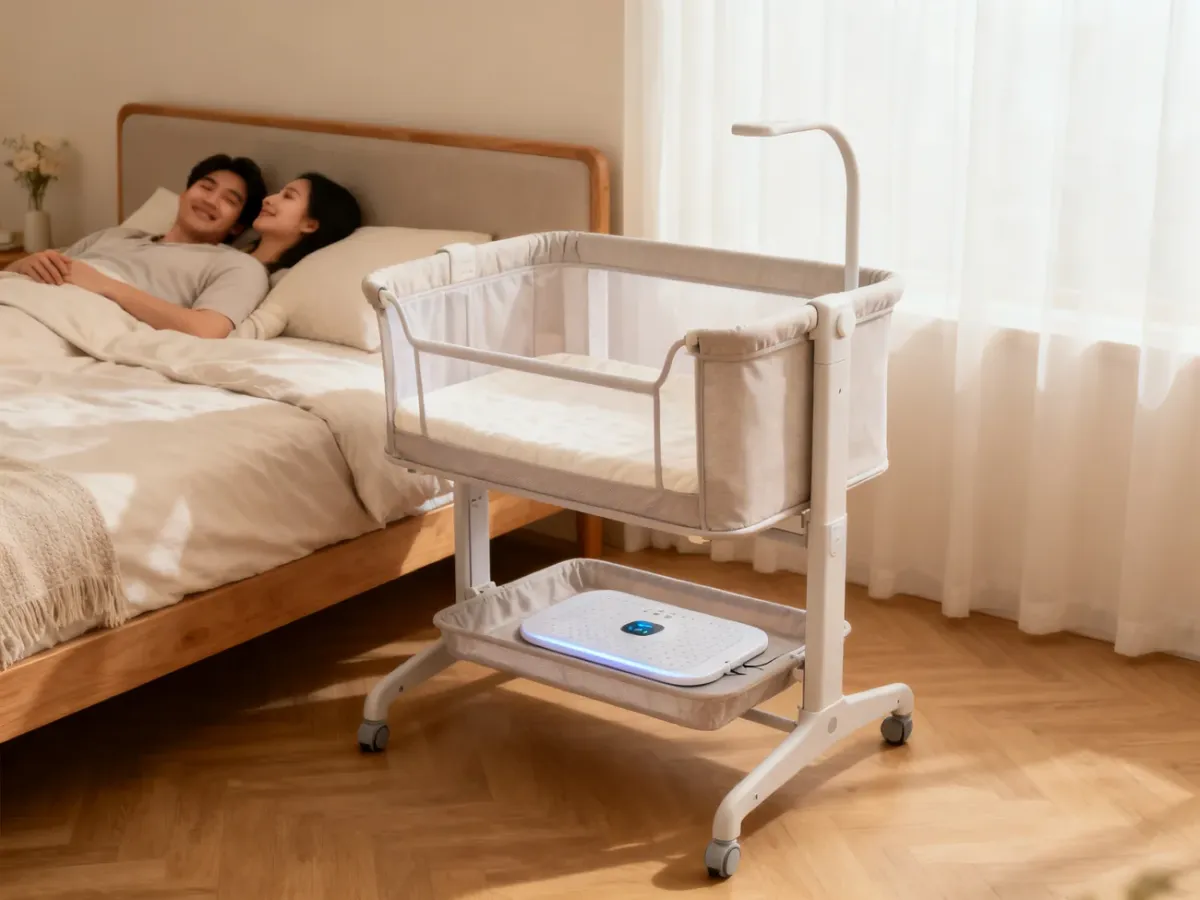Dostawka z podniesioną barierką i matą sensoryczną ustawiona obok łóżka rodziców