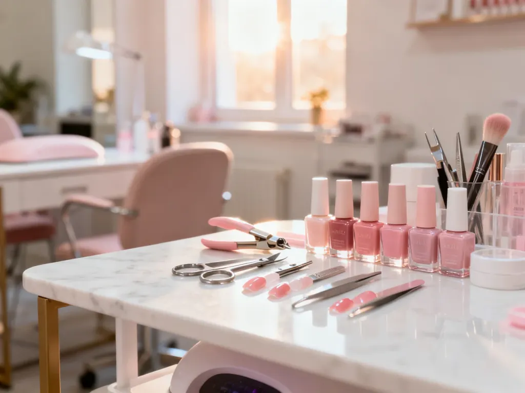 Eleganckie stanowisko do manicure z lakierami i narzędziami w jasnym, profesjonalnym salonie kosmetycznym.