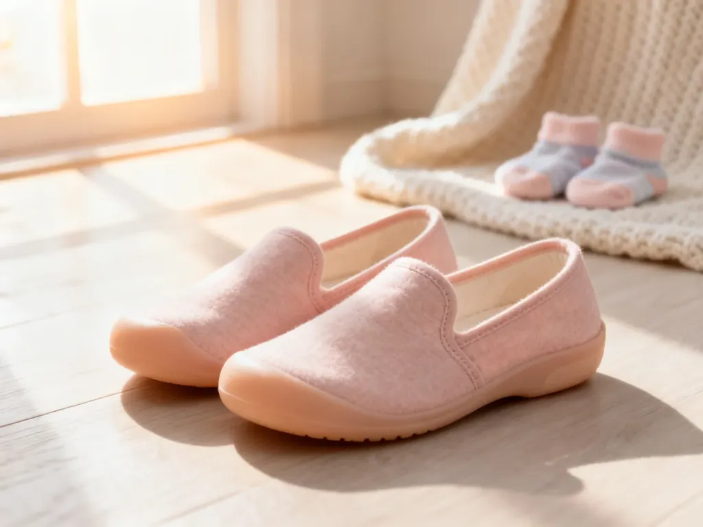 Wygodne, ortopedyczne buty wsuwane na drewnianej podłodze, obok dziecięcych skarpetek symbolizujących oczekiwanie na dziecko.
