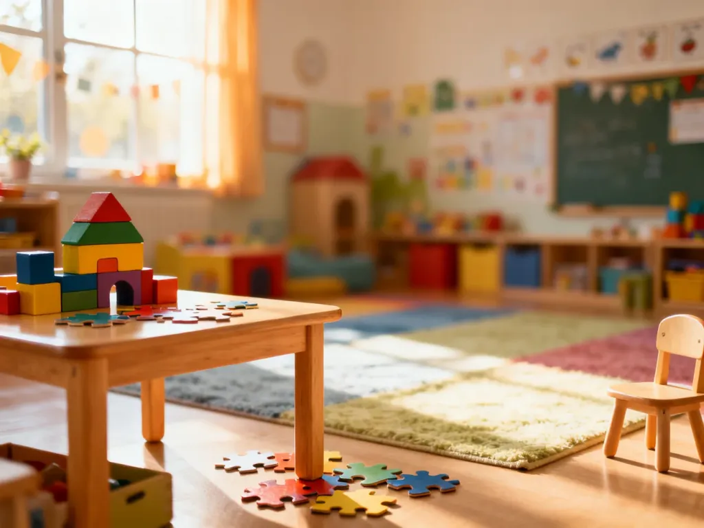 Przytulna sala przedszkolna z klockami i puzzlami na stoliku, zachęcająca dzieci do zabawy i nauki.